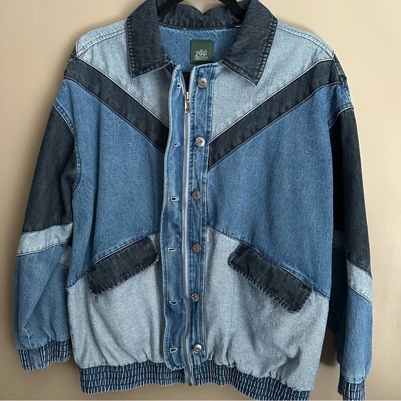 Wild Fable Multi Colored Denim Button Up Zip Up Chevron Jean Jacket - Picture 3 of 7